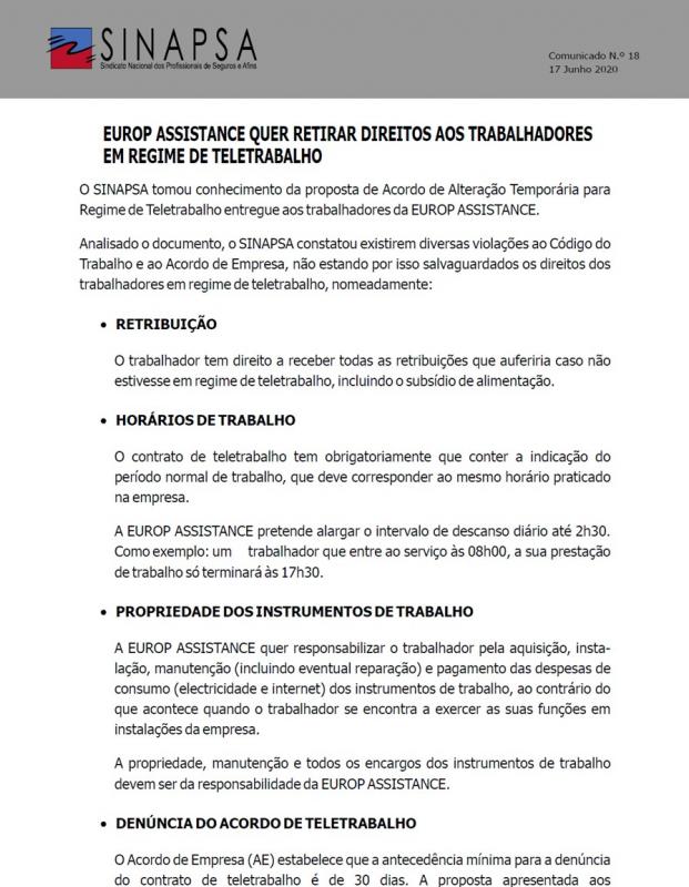 Europ Assistance quer retirar direitos aos trabalhadores em regime de teletrabalho